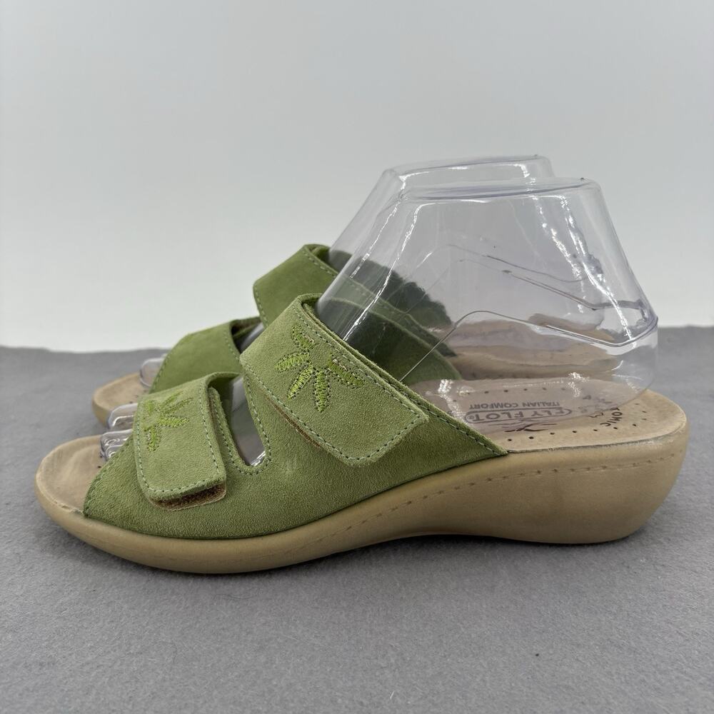 Fly Flot Anatomic Slide Sandals Womens US 7.5 Green Tan Italian Leather Comfort